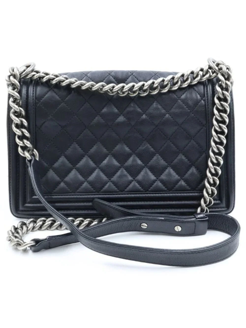 Chanel Boy 25 Quilted Lambskin Silver Chain Shoulder Bag Black